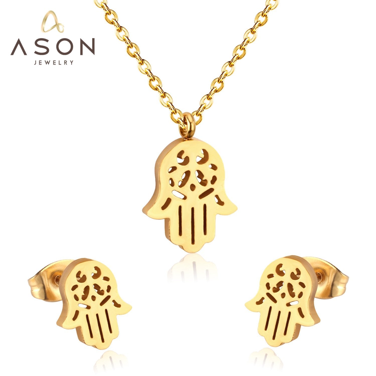 ASON Stainless Steel Gold Color Jewelry Sets Hand Shape Pendant Necklace Earrings Jewelry Sets for Women Girl Party Girls asonjewelry